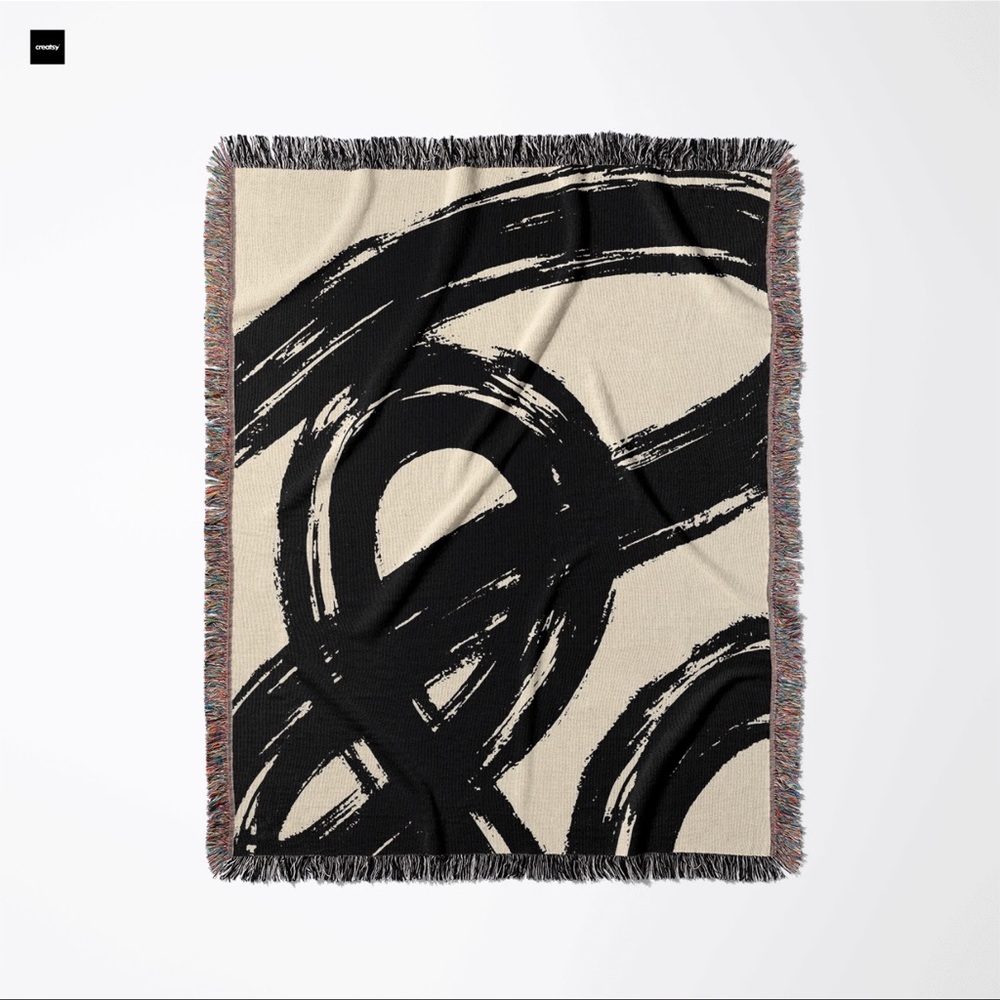 Black Brush Stroke on Beige 100% Cotton Woven Throw Blanket MadeinUSA